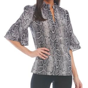Snakeskin Print Tiered Ruffle Trim Mock V-Neck Short Elbow Ruffle Cuff Sleeve